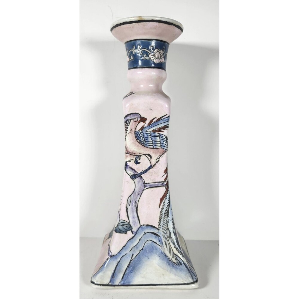 Andrea By Sadek Asian Design Pink Porcelain Bird Candlestick Holder 8 1/2" Tall
